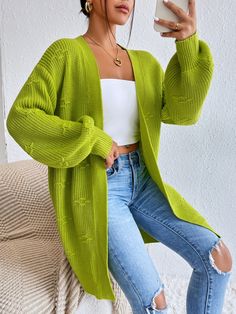 Neon Green Cardigan Outfit, Lime Cardigan Outfit, Lime Green Cardigan Outfit, Lime Green Sweater Outfit, Lime Green Fashion, Outfit With Long Cardigan, Lime Green Outfit, Green Cardigan Outfit, Lime Green Outfits