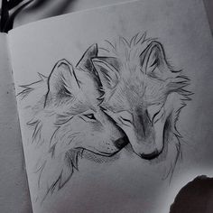 a drawing of two wolfs with their faces close together