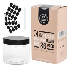 the package includes 4oz plastic jars with black lids and stickers to make them look like they are made out of cardboard