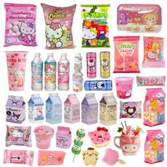 many different types of hello kitty food and drink items are shown in this collage