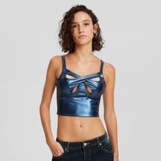 Metallic Faux Leather Crop Top With Cut-Out Detail Color: Navy Size: S Material: Elastane;Polyurethane;Polyester New With Tag. Measurement On Photos. Leather Crop Top, Cropped Tops, Top Cropped, Out Of Style, Royal Blue, Going Out, Cut Out, Crop Top, Faux Leather