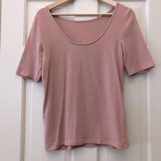 Madewell Rose Color Tee Shirt Can Be Worn Front Or Back. The Lower Scoop Part Is The Back With The Tag. Tags Removed But Never Worn. Size M Feminine Everyday Pink Tops, Feminine Pink Everyday Tops, Everyday Feminine Pink Tops, Feminine Crew Neck Tops For Everyday, Pink Cotton Scoop Neck Top, Feminine Cotton Tops With Scoop Neck, Feminine Cotton Scoop Neck Top, Pink Fitted Top With Short Sleeves, Pink Fitted Short Sleeve Top