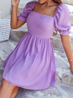 Purple Dress Casual, Kampot, Cute Dress Outfits, Trendy Dress Outfits, Short Dresses Casual, Puffed Sleeves Dress, Solid Dress, Trendy Dresses, Primavera Estate