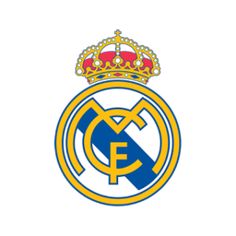 the real madrid crest is shown in blue and yellow, with a crown on top