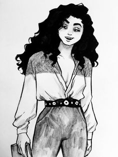 a black and white drawing of a woman with long hair wearing a blouse, belted skirt and heels