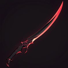 a red and black knife on a dark background with light coming from it's blade