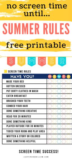 the summer rules printable is shown in yellow, blue and pink with an orange background