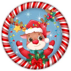 a christmas themed plate with a reindeer wearing a santa claus hat and holding candy canes