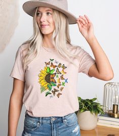 Sunflower Butterfly Tshirt for Women, Sunflower Shirt Gift for Her, Butterfly Tee Mother's Day Gift, Womens Floral T Shirt, Wildflower Shirt - Etsy Cute Summer T-shirt With Butterfly Print, Casual Sunflower Design T-shirt With Relaxed Fit, Casual Sunflower Design T-shirt In Relaxed Fit, Casual Sunflower Design Relaxed Fit T-shirt, Casual Relaxed Fit Sunflower T-shirt, Casual Relaxed Fit T-shirt With Sunflower Design, Cute Spring Butterfly Print T-shirt, Cute Butterfly Print Summer T-shirt, Cute Butterfly Print T-shirt For Summer