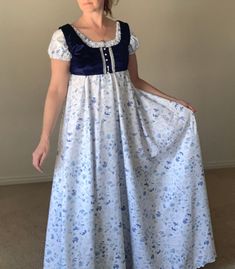 Regency Maid Dress, Regency Blue Dress, Bridgerton Outfits, White And Blue Floral Dress, Bridgerton Ball, Regency Dresses, Regency Clothing, Schuyler Sisters, Regency Era Fashion