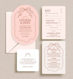 the wedding stationery is shown in pink and white, with an elegant design on it