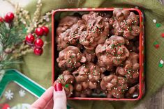 a person is holding a tray full of chocolate covered pretzels with sprinkles