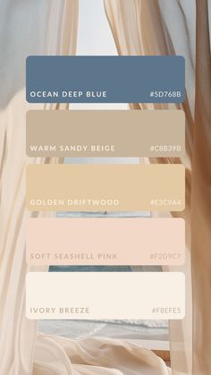 the color palettes for ocean deep blue, warm sandy beige, golden driftwood, soft sea shell pink and ivory breeze