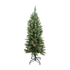 a small christmas tree on a stand with pine cones