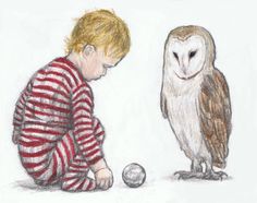 a drawing of a young boy playing with an owl and a ball on the ground