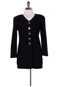 Current Boutique-St. John Basics - Black Knit Cardigan Sz P Elegant Tops With Gold Buttons, Elegant Formal Cardigan With Buttons, Formal Winter Tops With Buttons, Coats Fashion, Black Knit Cardigan, Outer Jacket, Button Top, Girl Coat, Coat Fashion