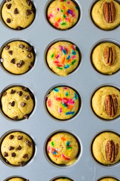 the muffins are ready to be baked in the cupcake tin, with chocolate chips and sprinkles