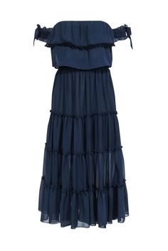 Current Boutique-MISA Los Angeles - Navy Ruffle Tiered Off The Shoulder Midi Dress Sz XS Elegant Navy Maxi Dress For Summer, Navy Maxi Dress For Summer Party, Navy Midi Dress With Ruffles For Summer, Navy Evening Maxi Dress For Summer, Navy Midi Dress For Summer Date Night, Chic Navy Dress For Vacation, Navy Ruffled Midi Dress For Spring, Navy Ruffled Dress For Party, Navy Ruffled Midi Dress For Summer