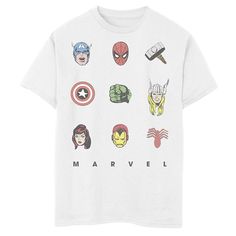 He'll feel super in this Marvel Retro Avengers Iconic Symbols graphic tee. He'll feel super in this Marvel Retro Avengers Iconic Symbols graphic tee. Crewneck Short sleevesFABRIC & CARE Cotton Machine wash Imported Size: X Large. Color: White. Gender: male. Age Group: kids. Superhero Graphic Crew Neck Top, White Pop Culture Tops With Logo Print, Superhero Cotton T-shirt With Graphic Print, White Superhero T-shirt With Character Print, Superhero Crew Neck Top With Graphic Print, Superhero Graphic Print Crew Neck Top, White Short Sleeve Superhero T-shirt, Superhero Graphic T-shirt For Streetwear, White Superhero Graphic Print Tops