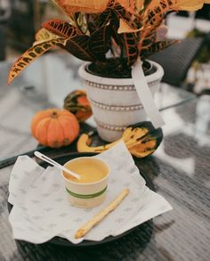 a cup of coffee sitting on top of a table next to a potted plant