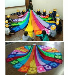 two pictures of people sitting on the floor with colorful kites in front of them