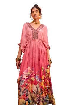 Pink kimono sleeves maxi kaftan with botanic blossom print, beads hand embroidered V neckline, sleeves hem and gathered waist detailing with cowrie shell tassel tie-up. - Aza Fashions Silk Maxi Kurta With Floral Print, Silk Kurta With Floral Print In Maxi Length, Festive Floral Print Maxi Kaftan, Traditional Sets With Floral Print And Kimono Sleeves, Floral Print Kaftan For Eid Wedding, Floor-length Floral Print Kaftan For Eid, Bohemian Style Embellished Maxi Kurta, Festive Floral Print Floor-length Kaftan, Bohemian Embellished Maxi Kurta