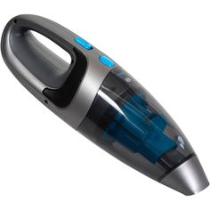 a silver and blue vacuum on a white background