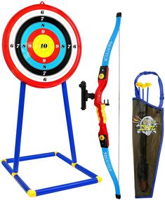 a kid's toy archery set with an arrow, target and bag next to it