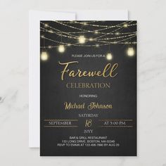 a black and gold celebration card with string lights