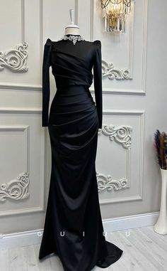 G4200 - Classic & Timeless Sheath High Neck Draped and Beaded Formal P – GUIUU Modest Formal Dresses With Sleeves, Dress Promnight, Dress Prom Night, Prom Dress With Long Sleeves, Classic Prom Dress, Simple Prom Dress Long, Off Shoulder Wedding Dress, Black Dresses Classy, Satin Homecoming Dress