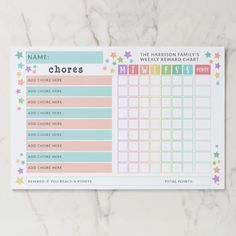 a printable chore chart with stars on it and the words, name, and date