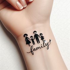 a family tattoo on the wrist that says,'family'with two children and an adult