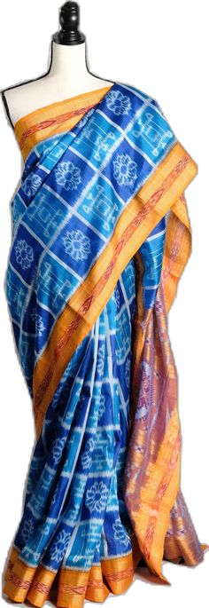 Blue Art Silk Pre-draped Saree With Traditional Patterns, Blue Silk Pre-draped Saree For Traditional Ceremonies, Traditional Blue Pre-draped Saree For Festivals, Blue Raw Silk Pre-draped Saree For Festivals, Festive Blue Handloom Pre-draped Saree, Blue Cotton Silk Pre-draped Saree With Zari Weaving, Traditional Blue Handloom Pre-draped Saree, Blue Silk Traditional Wear For Festivals, Blue Tussar Silk Saree For Diwali