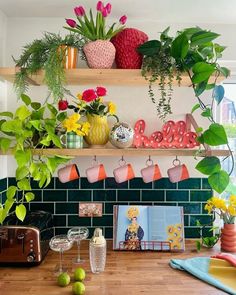 a kitchen counter topped with lots of potted plants next to a wall mounted shelf