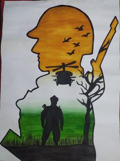 a drawing of a man with a helicopter in the background