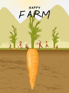 there is a carrot on the ground with people in the background and words happy farm above it