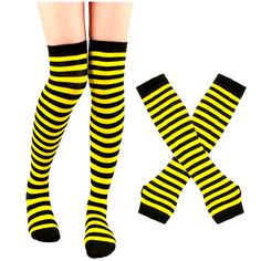 Over-The-Knee Socks And Gloves Striped Yellow One Size Fitted Black Knee-high Socks For Cosplay, Yellow Knee High Socks, Striped Leg Warmers, Socks Thigh High, Stretchy Multicolor Trendy Knee-high Socks, Basic Accessories, Scene Clothes, Cheap Multicolor Knee-high Socks For Women, Yellow Gloves