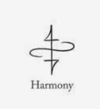 the word harmony written in black and white with a cross on it's side