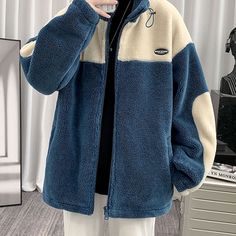 Winter Color Block Fleece Jacket - vanci.co Casual Warm Fleece Jacket For Winter, Blue Long Sleeve Fleece Jacket For Winter, Winter Fleece Track Jacket For Cold Weather, Winter Track Jacket In Fleece For Cold Weather, Winter Track Jacket With Fleece Lining, Casual Fleece Windbreaker For Fall, Winter Track Jacket With Fleece Lining And Long Sleeves, Casual Winter Fleece Jacket, Casual Fleece Jacket For Winter