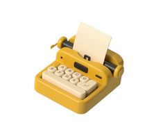 an old fashioned yellow typewriter with paper stuck to it