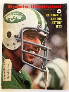 an autographed football player on the cover of sports illustrated magazine, joe namath and his jitter jets