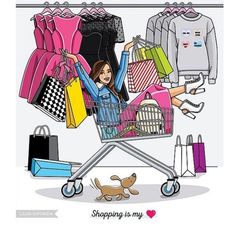 a woman with shopping bags is pushing a shopping cart full of clothes and other items