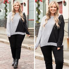 This sweater will always be on your mind! It has a neutral gray color with a colorblock design that is a season favorite! The sleek flowy fit is great for a day out on the town or a casual night out! Style this sweater with some cute pants and boots for a classic chic look! 60% Cotton, 40% Viscose Trendy Color Block Sweater For Loungewear, Chic Color Block Sweater For Layering, Chic Gray Sweater For Loungewear, Chic Gray Loungewear Sweater, Gray Long Sleeve Color Block Sweater, Contrast Sweater For Fall Layering, Contrast Layering Sweater For Fall, Gray Color Block Sweater For Layering, Fall Gray Color Block Sweater