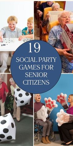 some people are playing games with giant dices and other things in front of them that say, social party games for senior citizens