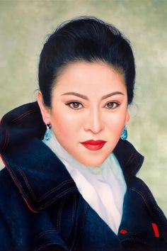 an oil painting of a woman with dark hair and red lipstick wearing a blue coat