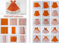 the instructions for how to make an origami dress in orange and pink colors