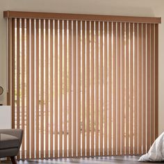 a living room with wooden blinds in the window