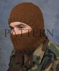 a man in camouflage wearing a brown knitted hat and neck gaiter with his eyes closed