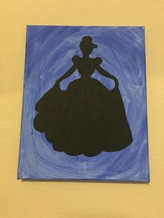 the silhouette of a woman in a dress is painted on a blue and yellow background