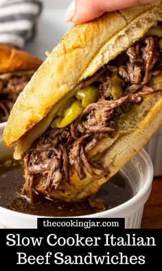 the slow cooker italian beef sandwiches are ready to be eaten and served in a bowl